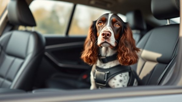 Dog car travel safety: Spaniel with harness in car.
