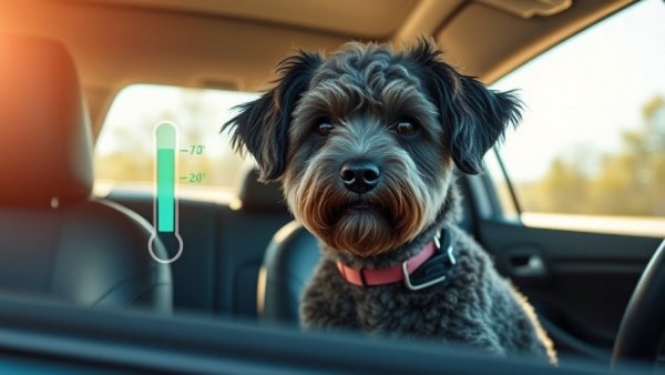 Car Temperature Dog Safety: Dog in sunlit car with high temperature alert.