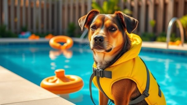 Dog in a yellow life jacket by pool, ensuring swimming safety.