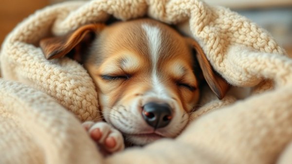 Sleeping puppy wrapped in a soft safety blanket.