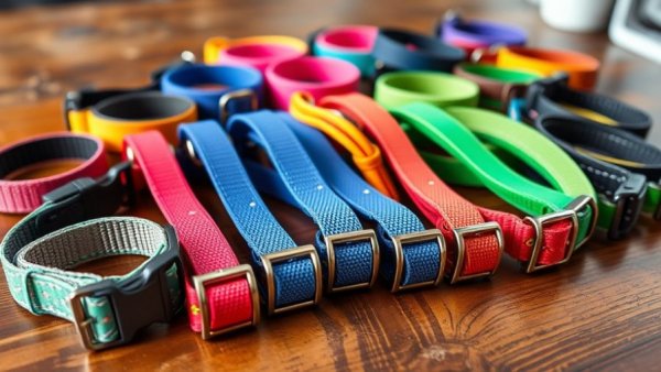 Vibrant assortment of safety release dog collars on a wooden table.
