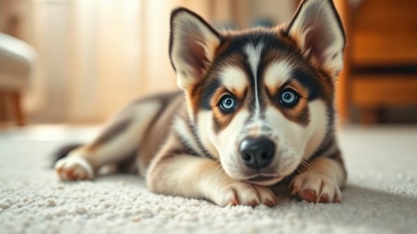 Adorable husky mix puppy with blue eyes on a white carpet. Husky Mix Puppy Adoption.