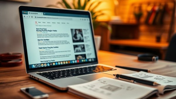 Laptop searching Best Dog Training Articles with notebook and pen.