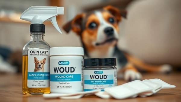 Assorted dog wound care products with dog in the background.