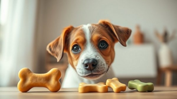 Adorable dog with dental care dog treats on table.