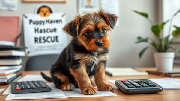 Puppy Haven Rescue adoption fees explained with adorable puppy at desk.