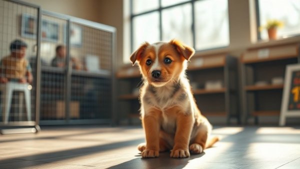 Adopt a potcake puppy sitting with adoption form in modern adoption center.