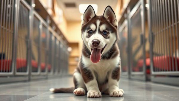 Adorable Alaskan Husky puppy in an adoption center.