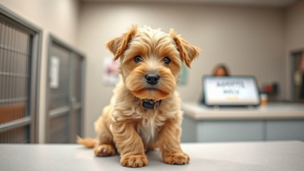 Adorable Wheaten Terrier puppy adoption scene at a shelter desk.