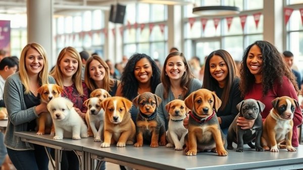 Vibrant puppy adoption party with diverse group and playful puppies.