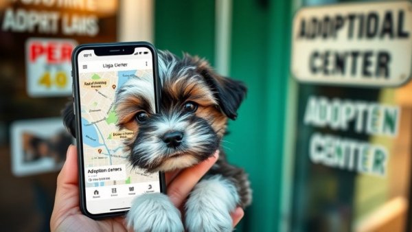 Lhasa Apso puppy outside adoption center with map on phone.