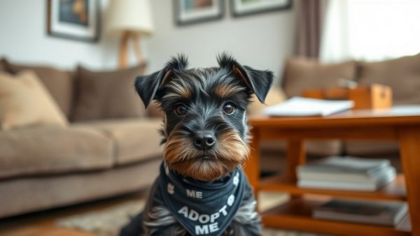 Miniature Schnauzer puppy wearing 'Adopt Me' bandana indoors
