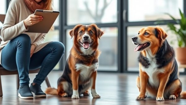 Dogs and trainer demonstrating how to choose a dog trainer indoors.