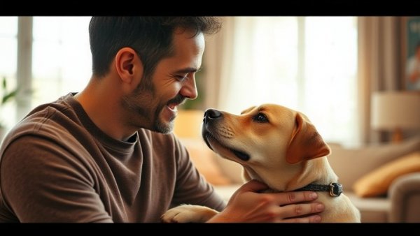 Man and dog communicating in a cozy room, addressing dog behavioral issues.