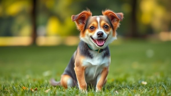 Cheerful small dog with floppy ears in a park field.