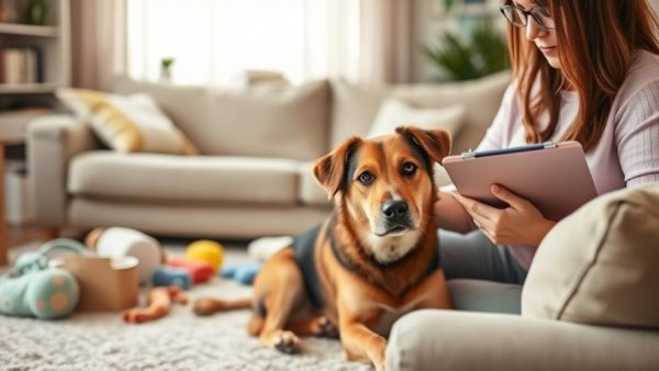 How to Foster a Dog: Woman petting a dog in a cozy living room.