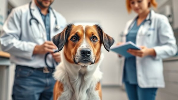 Dog health checkups at a veterinary clinic with attentive staff.