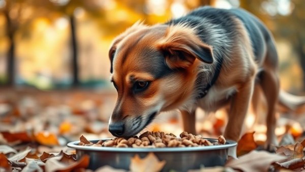 Dog sniffing joint health dog food in a sunny park.