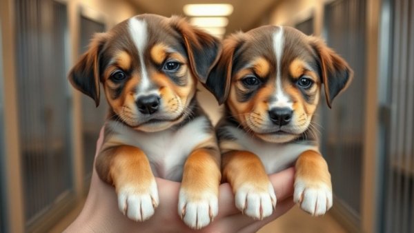 Puppy welfare concerns: two puppies being held in a kennel.