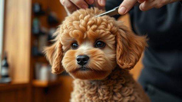Small brown poodle receiving low-maintenance haircut.