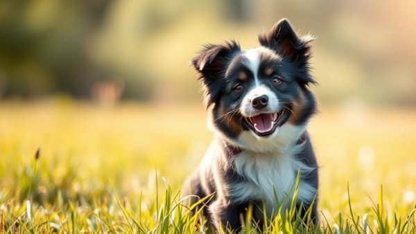 Black and white dog breeds sitting in a grassy field.