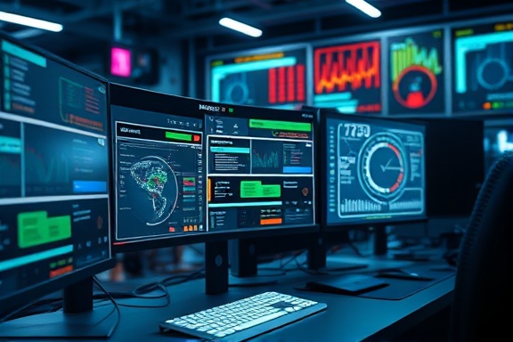 advanced automation tools, futuristic, optimizing workflows, photorealistic, tech-filled workspace with multiple monitors, highly detailed, dynamic tech interfaces, razor-sharp image, cool tones, soft ambient lighting, shot with a macro lens.