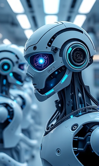 innovative AI technology, inspired, developing algorithms, photorealistic, an advanced laboratory with robots, highly detailed, scans and holograms around, prime lens, white and neon blue, high-key lighting, shot with a Sony A7R IV