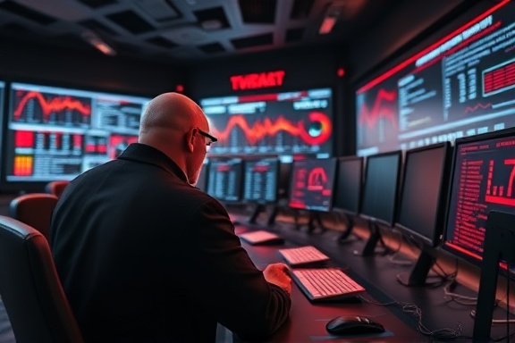 dynamic AI automation, determined, streamlining processes, photorealistic, a sophisticated control room with multiple monitors, highly detailed, rapid data flow, 85mm f/1.4 lens, black and red, artificial lighting, shot with a Leica SL2
