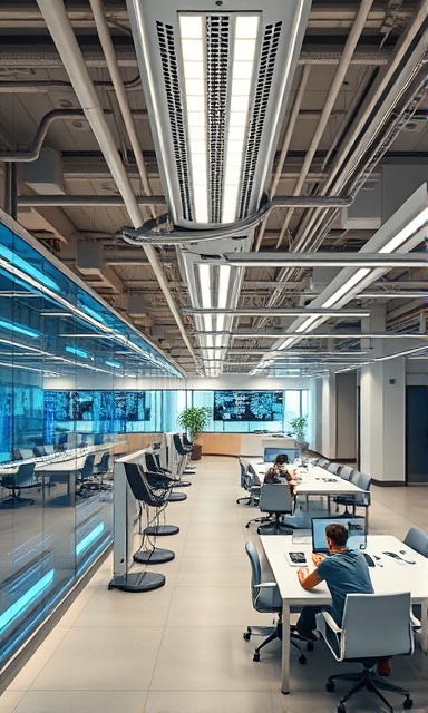 streamlined automation process, harmonious, integrating systems, photorealistic, open-plan office with collaborative meeting areas, highly detailed, fluid movement of data displays, fine textures, neutral palette, overhead LED lighting, shot with a zoom lens.