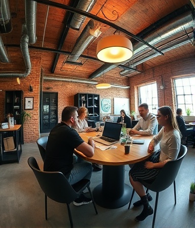 novel booking efficiency, innovative, enhancing productivity, photorealistic, industrial-style coworking space with exposed brickwork, highly detailed, active teamwork, pronounced depth, earthy tones, mixed lighting, shot with a fisheye lens.