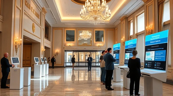 seamless booking software, effortless, coordinating events, photorealistic, elegant hotel lobby with digital check-in kiosks, highly detailed, guest interactions, sleek appearance, golden accents, subtle chandelier lighting, shot with a telephoto lens.