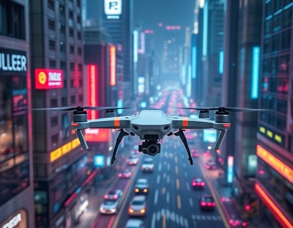 revolutionary automation innovation, forward-thinking creativity, revolutionizing industries, photorealistic, a futuristic cityscape with autonomous drones, highly detailed, bustling movement of technology, neon colors, dramatic nighttime lighting, shot with a 50mm prime lens.