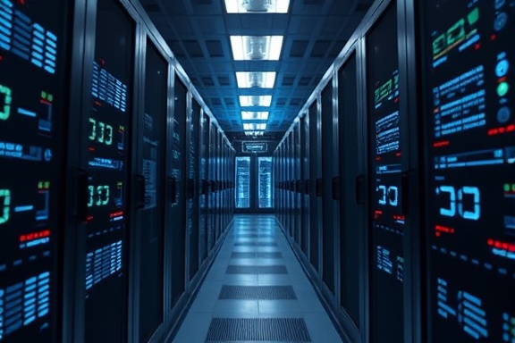 dynamic automation software, predictive capabilities, analyzing data trends, photorealistic, a futuristic data center, highly detailed, servers with digital readouts, monochrome with digital blue highlights, ambient LED lighting, shot with a tilt-shift lens.