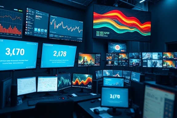 efficient content creation, proactive and creative, developing multi-format content quickly, photorealistic, within a state-of-the-art studio filled with monitors and AI devices, highly detailed, displaying real-time analytics and motion graphics, high resolution, vibrant color palette, soft studio lighting, shot with a 35mm lens.