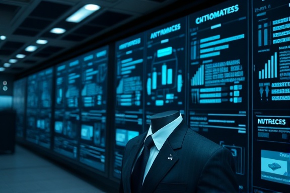 advanced automated content, serious and methodical, synthesizing information rapidly, photorealistic, at a cutting-edge tech hub with interactive panels and smart tech, highly detailed, featuring scrolling text overlays and digital effects, UHD resolution, monochromatic theme with hints of cyan, spot accent lighting, shot with a 28mm lens.