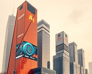 dynamic AI growth, optimistic, expanding capabilities, photorealistic, skyscrapers with digital advertisements, highly detailed, rapid technological advancements, HDR imaging, vibrant orange and bold white, dynamic lighting, shot with an 85mm lens.