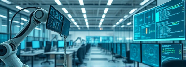 innovative digital automation, curious and experimental, refining content processes seamlessly, photorealistic, set in an open office with transparent screens and robotic arms, highly detailed, with effects of swirling algorithms and light trails, 6K resolution, pastel color scheme, soft ambient lighting, shot with a 100mm macro lens.