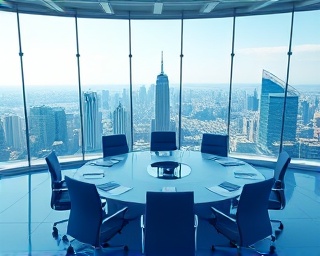 successful AI success, triumphant, achieving milestones, photorealistic, corporate boardroom overlooking a smart city, highly detailed, data visualization and interactive screens, ultra-sharp clarity, royal blue and pearl white, bright focused lighting, shot with a macro lens.