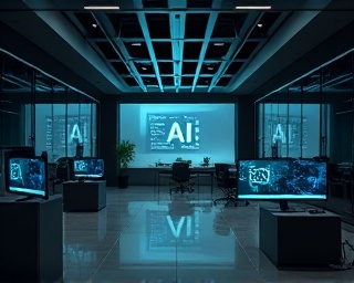 leading AI enterprise, determined, integrating AI solutions, photorealistic, sleek office space with cutting-edge devices, highly detailed, collaboration between humans and AI, high-definition photography, graphite grey and luminous teal, diffused lighting, shot with a 35mm lens.