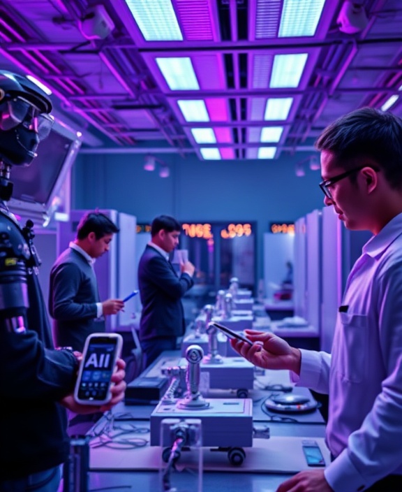 transformative AI innovation, insightful, crafting the future, photorealistic, lab filled with AI prototypes and researchers, highly detailed, creative brainstorming sessions, super-high resolution, gradient purple and chrome silver, halo lighting effects, shot with a tilt-shift lens.