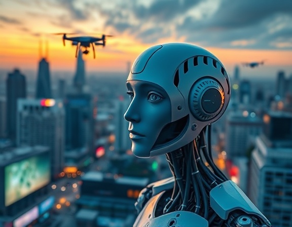 advanced AI innovation, curious, analyzing, photorealistic, on a bustling city rooftop with a view of digital billboards, highly detailed, flying data drones, 4k resolution, sunset hues, dynamic lighting, shot with a 35mm lens