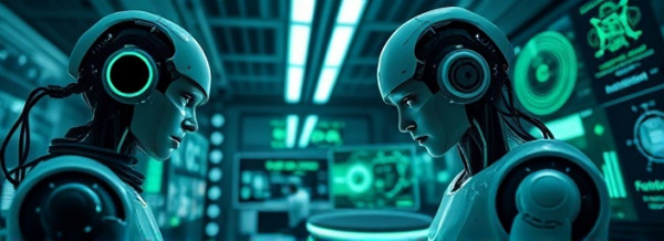 cutting-edge AI integration, focused, collaborating, photorealistic, within a futuristic office space with transparent displays, highly detailed, robotic arms and digital feedback loops, ultra-high-resolution, deep green and white, overhead LED lighting, shot with a 85mm lens