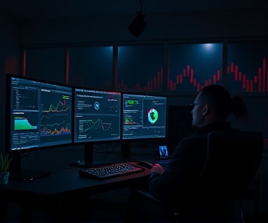 emerging AI development, thoughtful, coding, photorealistic, in a dimly lit room with multiple monitors and AI graphs, highly detailed, streaming code lines, full HD resolution, dark tones with splashes of RGB lighting, directional spotlight, shot with a 24-70mm lens