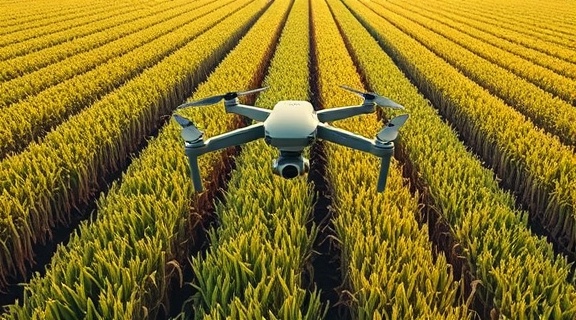 AI applications in agriculture, determined, surveying, photorealistic, in a vast field with drone monitoring systems, highly detailed, real-time agricultural data overlay, 8k resolution, earthy and green tones, natural sunlight, shot with a 70-200mm lens