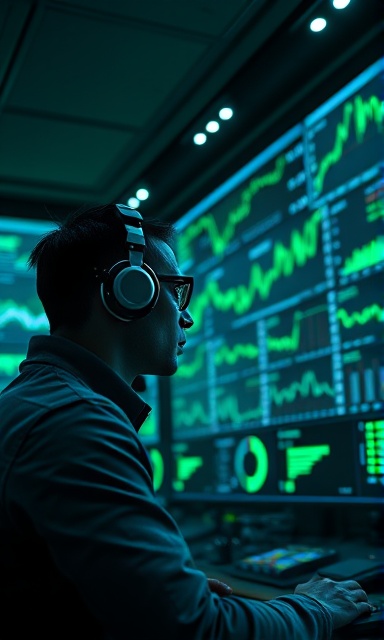 advanced AI experiment, focused, analyzing real-time data projections, photorealistic, futuristic control room with floor-to-ceiling displays, highly detailed, dynamic live charts and graphs, 8K resolution, neon green and black, backlit screen lighting, shot with a 24mm wide-angle lens.