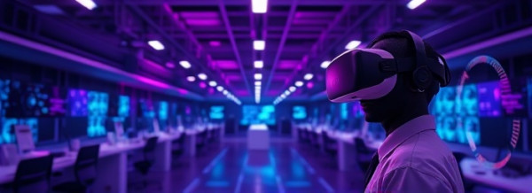 immersive AI simulation, concentrated, navigating virtual reality scenes, photorealistic, expansive VR lab with sleek headset devices, highly detailed, spatial movement trails, high dynamic range, purple and cyan, low-key lighting, shot with a VR-compatible lens.