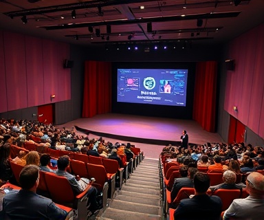 innovative AI showcase, excited, presenting with interactive visuals, photorealistic, auditorium with tiered seating and a large central screen, highly detailed, audience interaction and feedback visuals, 4K detail, vibrant multicolor, spotlight and stage lighting, shot with an 85mm portrait lens.
