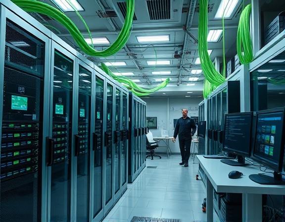 innovative automation workflow, efficiently synchronized, optimizing tasks, photorealistic, high-tech office space with servers and monitors, highly detailed, digital data flowing through fiber optics, 4K resolution, silver and green hues, natural daylight, shot with a wide-angle lens.