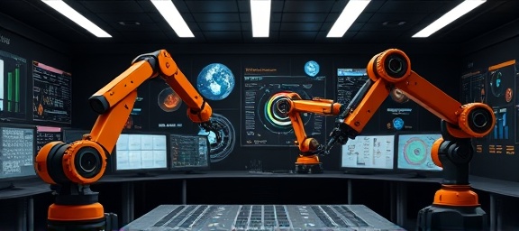 cutting-edge automation tools, confidently precise, executing functions, photorealistic, minimalistic control room with control panels, highly detailed, robotic arms and mechanical joints in motion, HD resolution, black and orange, soft artificial, shot with an 85mm lens.