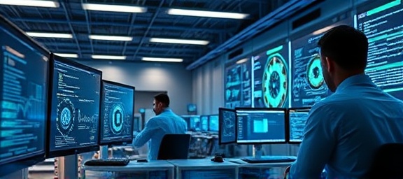 advanced automation software, elegantly user-friendly, analyzing data, photorealistic, bustling tech hub with programmers and computers, highly detailed, interactive GUI and processing animations, ultra-HD, cyan and white, fluorescent lighting, shot with a 35mm lens.